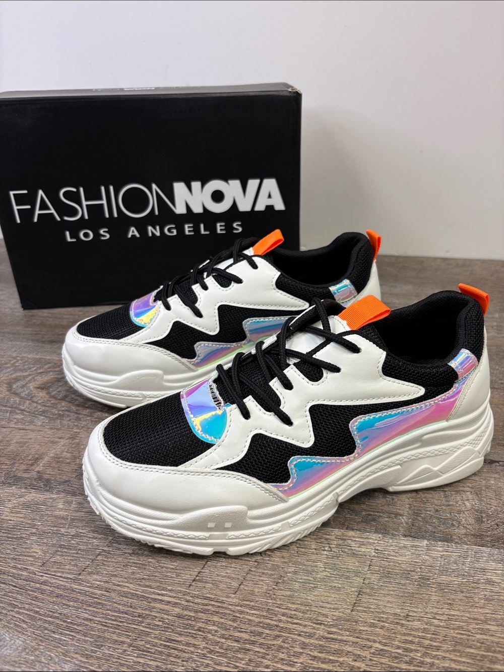 Fashion Nova Gotta Be On The Run Chunky Sneakers Black White Holographic 7.5